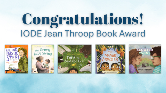 Digital graphic. Text reads "Congratulations! IODE Jean Throop Book Award." Featured are the cover images of the five finalists.
