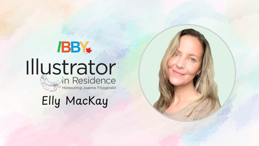 Digital graphic featuring a photo of Elly MacKay. Text reads "Illustrator in Residence, honouring Joanne Fitzgerald. Elly MacKay."