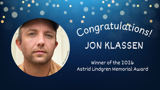 Digital graphic featuring a photo of illustrator Jon Klassen. Text reads "Congratulations! Jon Klassen. Winner of the 2026 Astrid Lindgren Memorial Award."