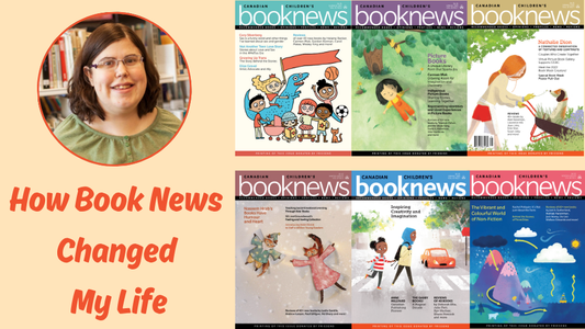 Image of Amy Mathers and six Book News covers on a peach colour background with the title "How Book News Changed My Life."