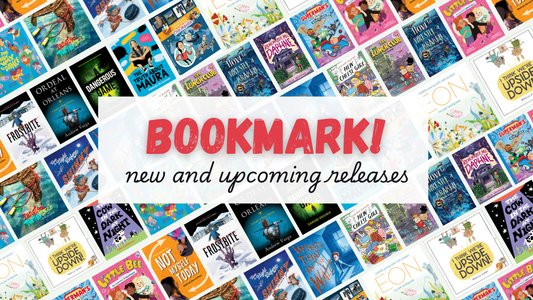 Digital graphic featuring a collage of book covers. Text reads "Bookmark! New and upcoming releases."