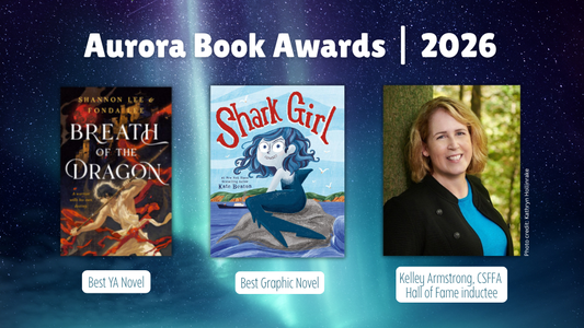 Digital graphic featuring the cover images of Breath of the Dragon and Shark Girl, as well as a photo of author Kelley Armstrong. Text read "Aurora Book Awards 2026."