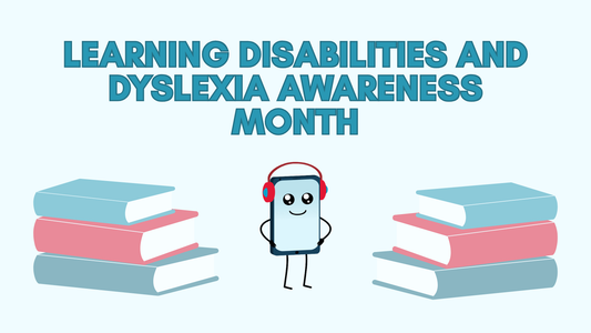 A digital graphic celebrating Learning Disabilities and Dyslexia Awareness Month featuring the smartphone character Axi and a pile of books