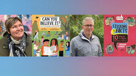Digital graphic featuring headshots of Joyce Grant and Gregor Craigie with cover images of books—Can You Believe It? and Sticking to the Facts.