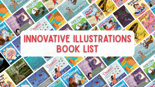 Digital graphic featuring a collage of book covers. Text reads "Innovative Illustrations Book List."