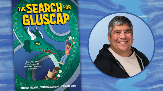 Digital graphic featuring Brandon Mitchell and cover of The Search for Gluscap