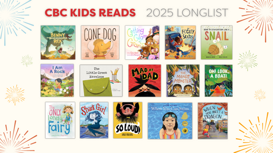 Digital graphic. Text reads "CBC Kids Reads 2025 Longlist." Featured are the 15 covers of the longlisted titles.