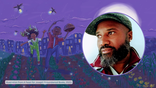 Digital image featuring photo of Ken Daley and an illustration from A Feast for Joseph (Groundwood Books, 2021)