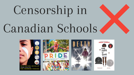 The title "Censorship in Canadian Schools" and a red X on a light grey background along with book covers of some books that went through Canadian school bans.