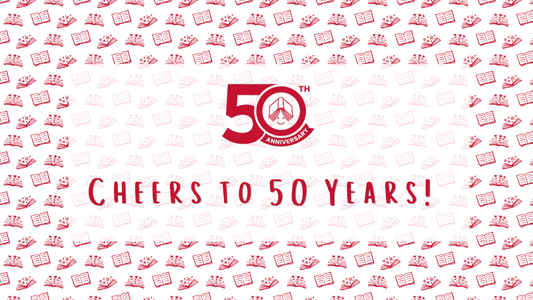 Digital background. Includes the CCBC's 50th anniversary logo. Text reads "Cheers to 50 Years!"