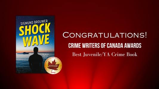 Digital graphic. Text reads "Congratulations! Crime Writers of Canda Best Juvenile/YA Crime Book." Featured is the cover image of Shock Wave.
