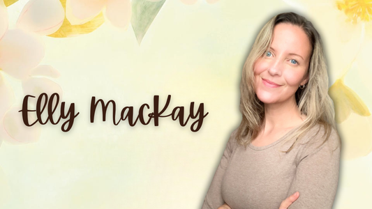 Digital graphic featuring a photo of author-illustrator Elly MacKay. 