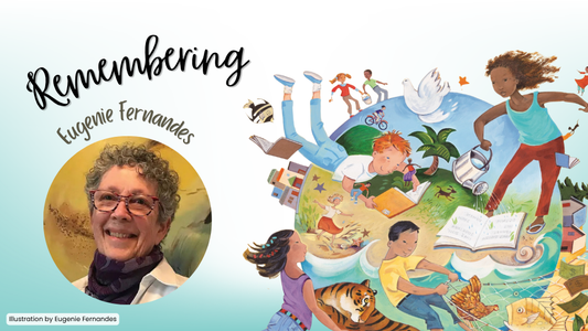 Digital graphic featuring artwork from the 2011 Book Week poster by author-illustrator Eugenie Fernandes. Text reads "Remembering Eugenie Fernandes."
