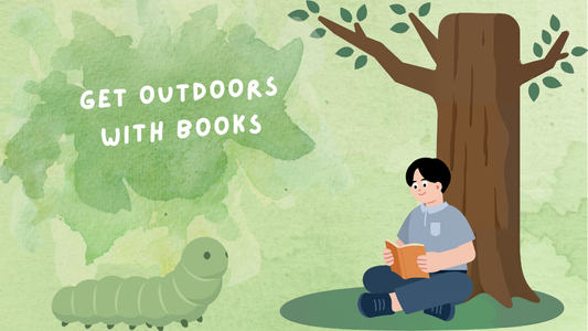 Cover Image of a cartoon boy reading by a tree and a green slug looking at him, over a green background with the title "get outdoors with books"