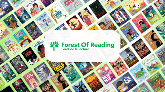 Digital graphic featuring a collage of book covers. Text reads "Forest of Reading-Foret de la lecture."