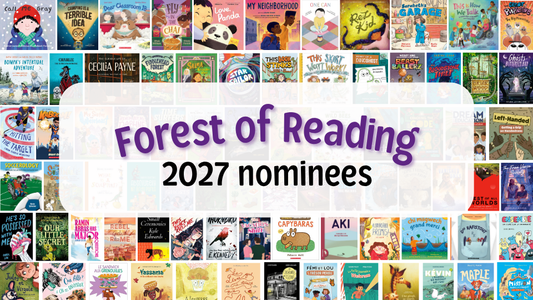 Digital graphic featuring a collage of book covers. Text reads "Forest of Reading. 2027 nominees."