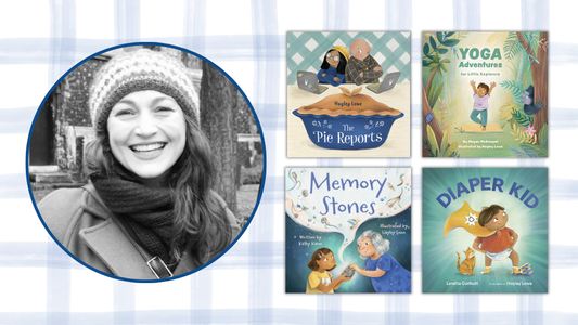 Digital graphic. Features a black-and-white photo of author-illustrator Hayley Lowe and four of her book cover images.
