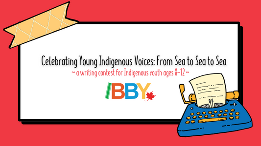 Digital graphic. Text reads "Celebrating Young Indigenous Voices: From Sea to Sea to Sea. A Writing Contest for Indigenous Youth Ages 8-12."