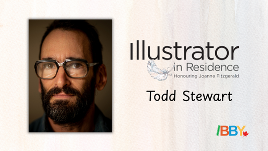 Digital graphic featuring a photo of Todd Stewart. Text reads "Illustrator in Residence, honouring Joanne Fitzgerald. Todd Stewart"