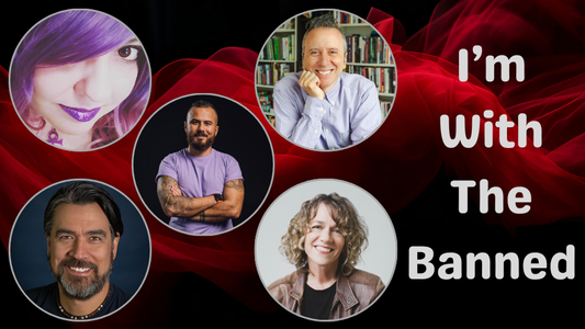 Solo photos of the interviewed authors on a red and black background with the title "I'm With The Banned."