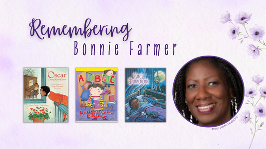 Digital graphic featuring a photo of author Bonnie Farmer, along with covers of her books. Text reads "Remembering Bonnie Farmer."