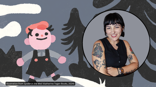 Digital graphic featuring an illustration from Spider in the Well. Inset is a photo of author-illustrator Jess Hannigan.