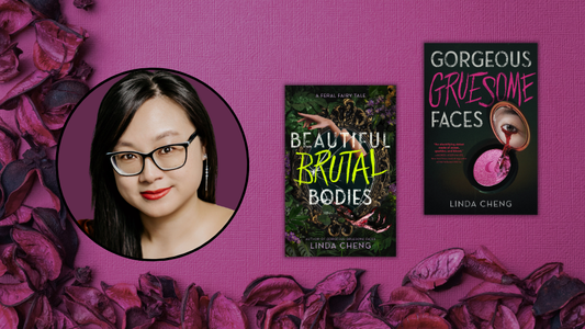 Digital graphic featuring photo of author Linda Cheng and the cover image of Beautiful Brutal Bodies and Gorgeous Gruesome Faces.