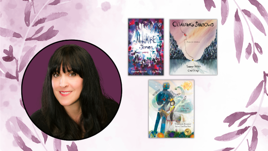 Digital graphic featuring a photo of author-poet Shannon Bramer, as well as the cover images of Nightmare Jones, Climbing Shadows; and Robot, Unicorn, Queen.