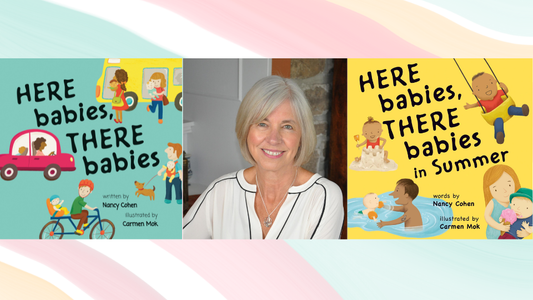 Digital graphic featuring the cover images of Here Babies, There Babies; Here Babies, There Babies in Summer, and a photo of author Nancy Cohen.