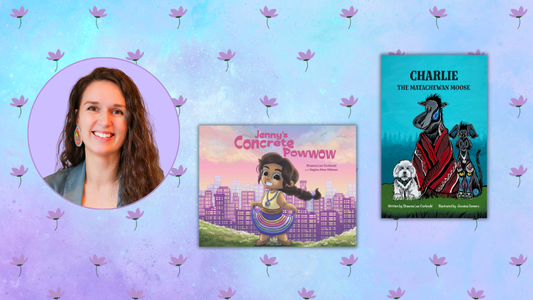 Digital graphic featuring a photo of author Shawna Lee Corbould and cover images of Jenny's Concrete Powwow and Charlie the Matachewan Moose.