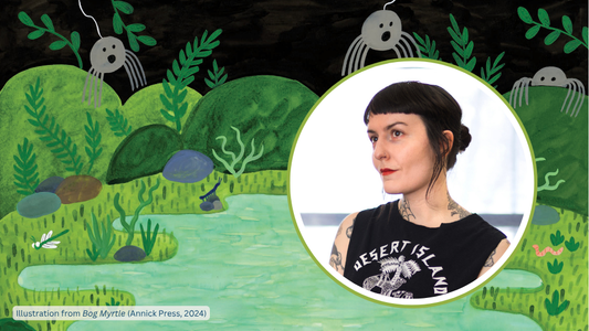 Digital graphic featuring artwork from Bog Myrtle, and a photo of author-illustrator Sid Sharp.