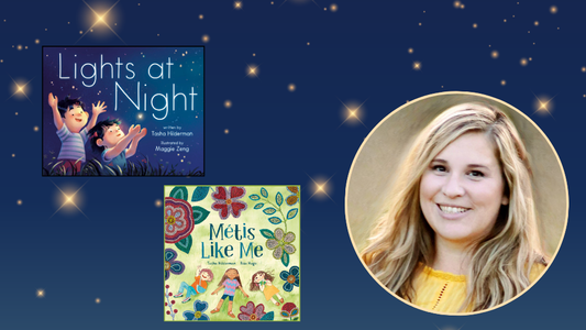 Author image of Tasha Hilderman and book covers for "Lights At Night" and "Metis Like Me" on a night star background