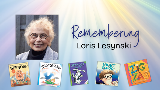 Digital graphic. Text reads "Remembering Loris Lesynski." Graphic features a photo of Loris, along with five book covers.