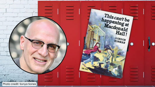 Digital graphic featuring a backdrop of red school lockers.  Also featured is a photo of author Gordon Korman and the cover image of This Can't Be Happening at Macdonald Hall.