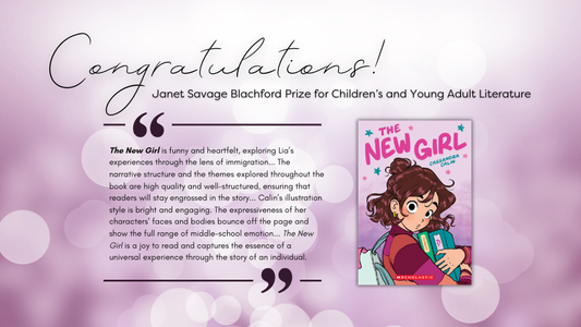 Digital graphic. Text reads "Congratulations! Janet Savage Blachford Prize for Children's and Young Adult LIterature."