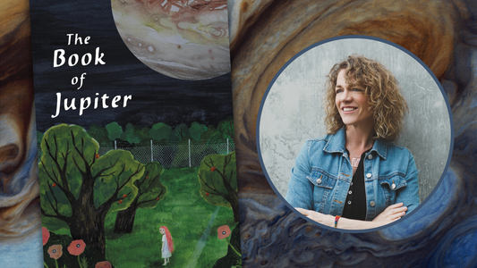 Digital graphic featuring cover of The Book of Jupiter and author photo of Robin Stevenson