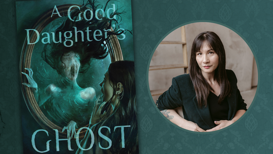 Digital graphic featuring book cover of A Good Daughter's Ghost and author photo of Sam Wilket