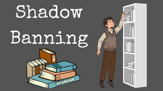 Image of the title "Shadow Banning" on a grey background with an animated image of a man stacking books on the highest book shelf.