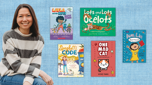 Digital graphic featuring photo of author Vicky Fang along with various book covers.