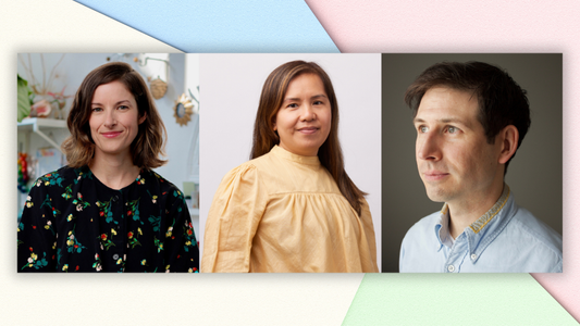 Digital graphic featuring photos of Ashley Barron, Thao Lam and Kyle Reed. Text reads "The Wonders of Paper College: How Three Artists are Bringing Stories to Life."