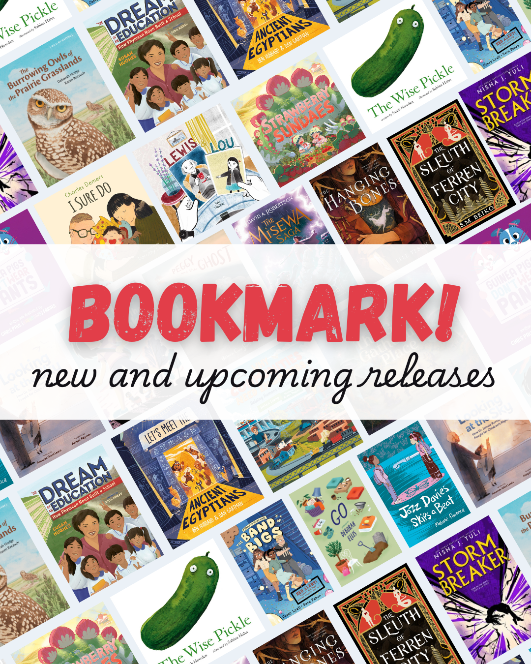 Digital graphic featuring cover images. Text reads "Bookmark! New and upcoming releases."