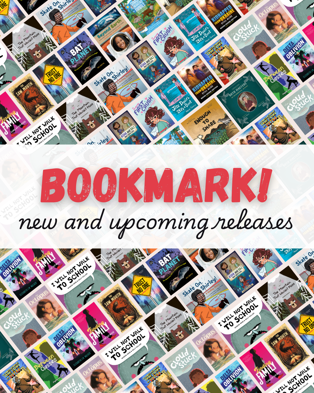 Digital graphic featuring cover images. Text reads "Bookmark! New and upcoming releases."