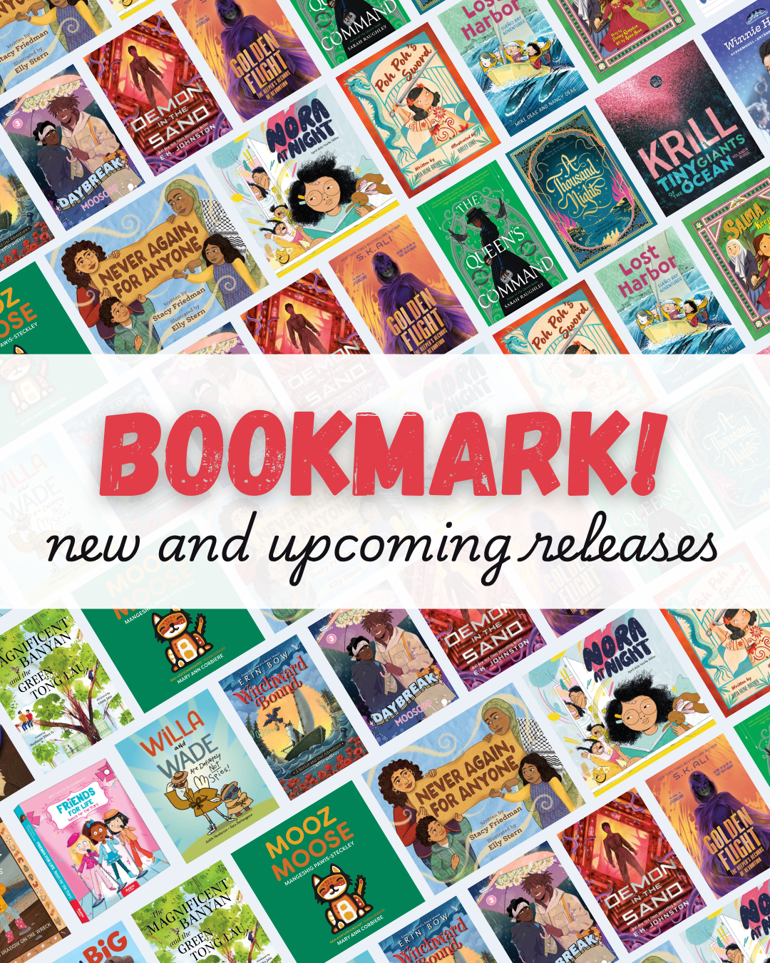 Digital graphic featuring a collage of book covers. Text reads "Bookmark! New and upcoming releases."