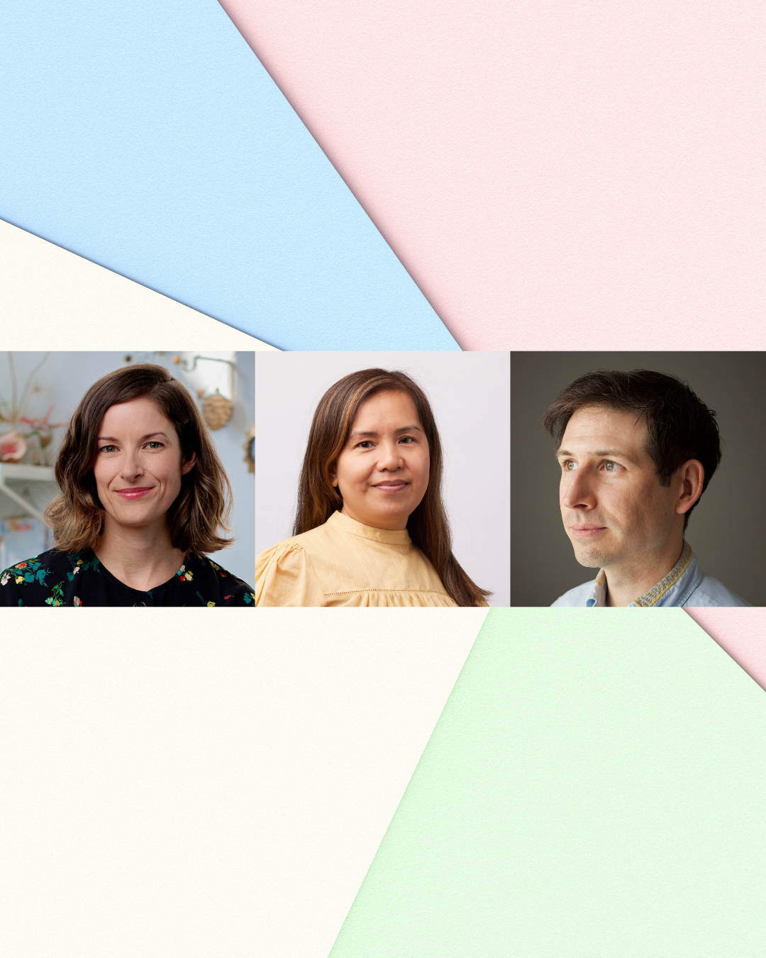 Photos of Ashley Barron, Thao Lam, and Kyle Reed with a colourful geometric background