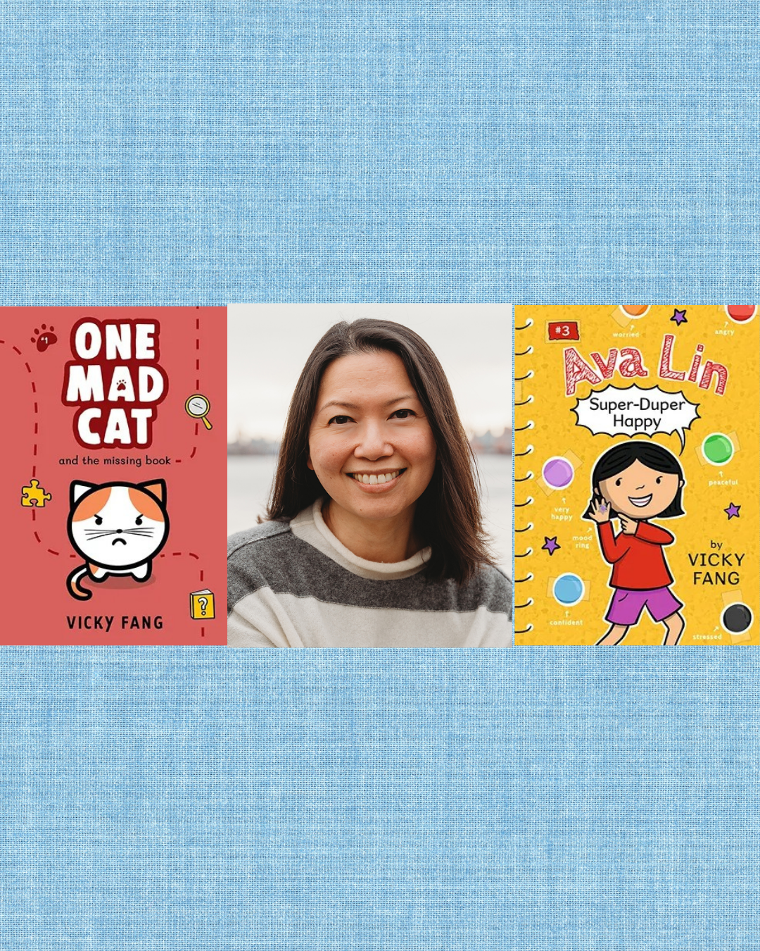 Digital graphic featuring book covers and a photo of author-illustrator Vicky Fang.
